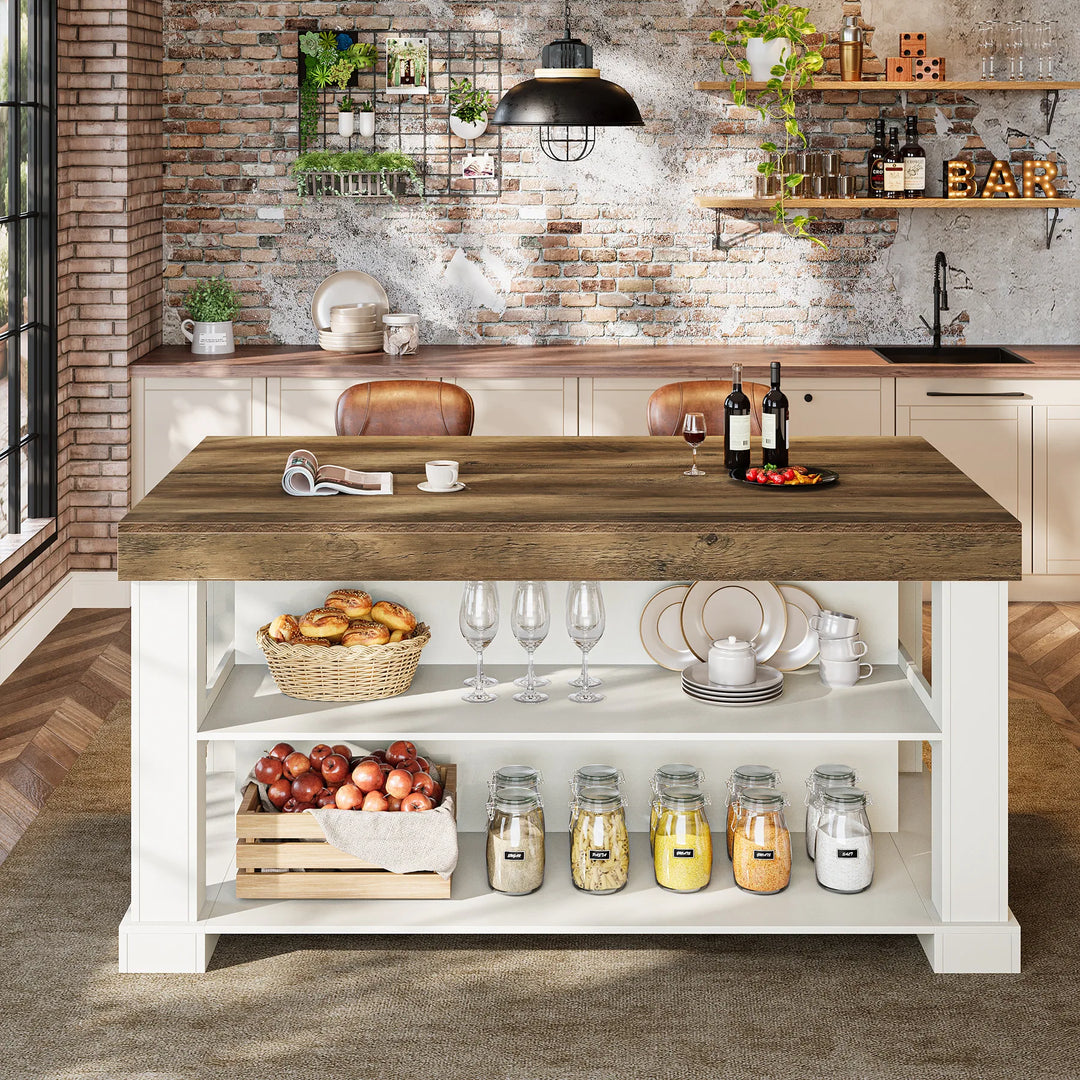 55-Inch Stationary Kitchen Island with Storage Shelves and Large Worktop, Farmhouse Style, Light Brown