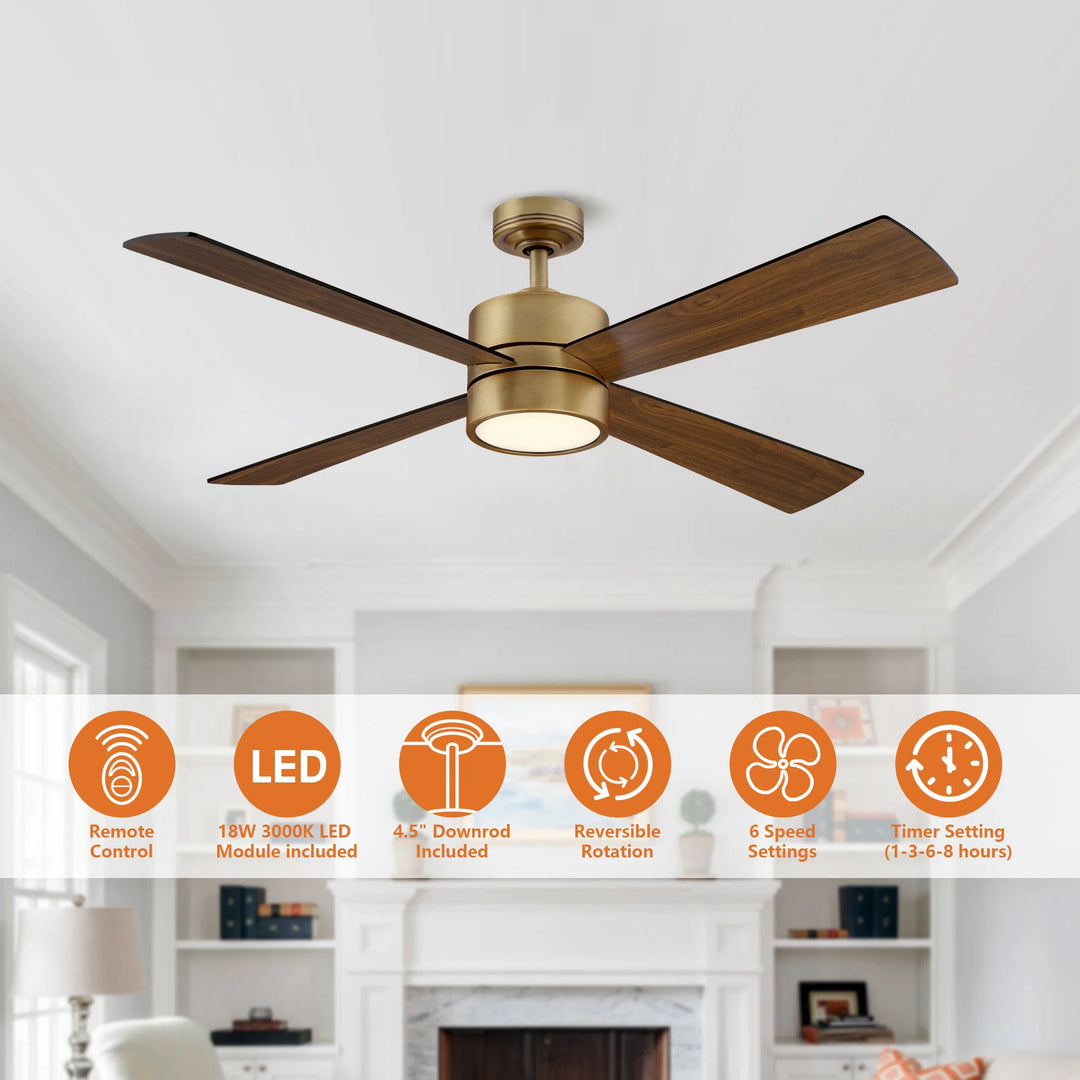 52" Antique Brass Plywood 4-Blade Indoor Ceiling Fan with Light and Remote