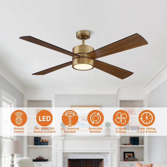 52" Antique Brass Plywood 4-Blade Indoor Ceiling Fan with Light and Remote