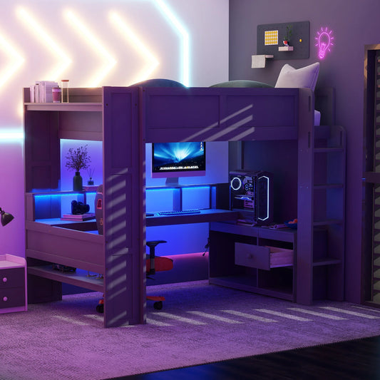 Full Size Gaming Loft Bed with Desk, Multi-Storage Shelves, LED and Charging Station, Dark Design