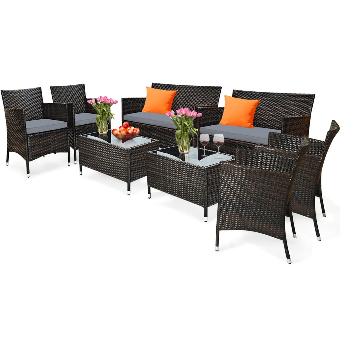 8PCS Patio Rattan Conversation Furniture Set Outdoor W/ Gray - See Details