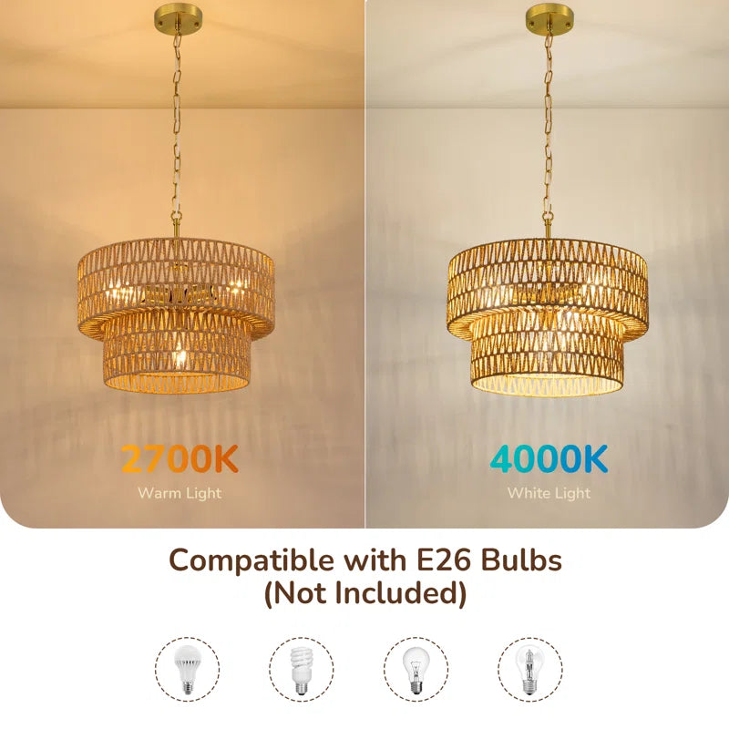 4 - Light 17.7" Hand-Woven Rattan Drum Chandelier