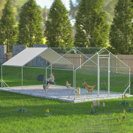 Crellen Metal Chicken Run Coop, Walk-In Poultry Cage with Waterproof & Anti-Uv Cover Lockable Door Design