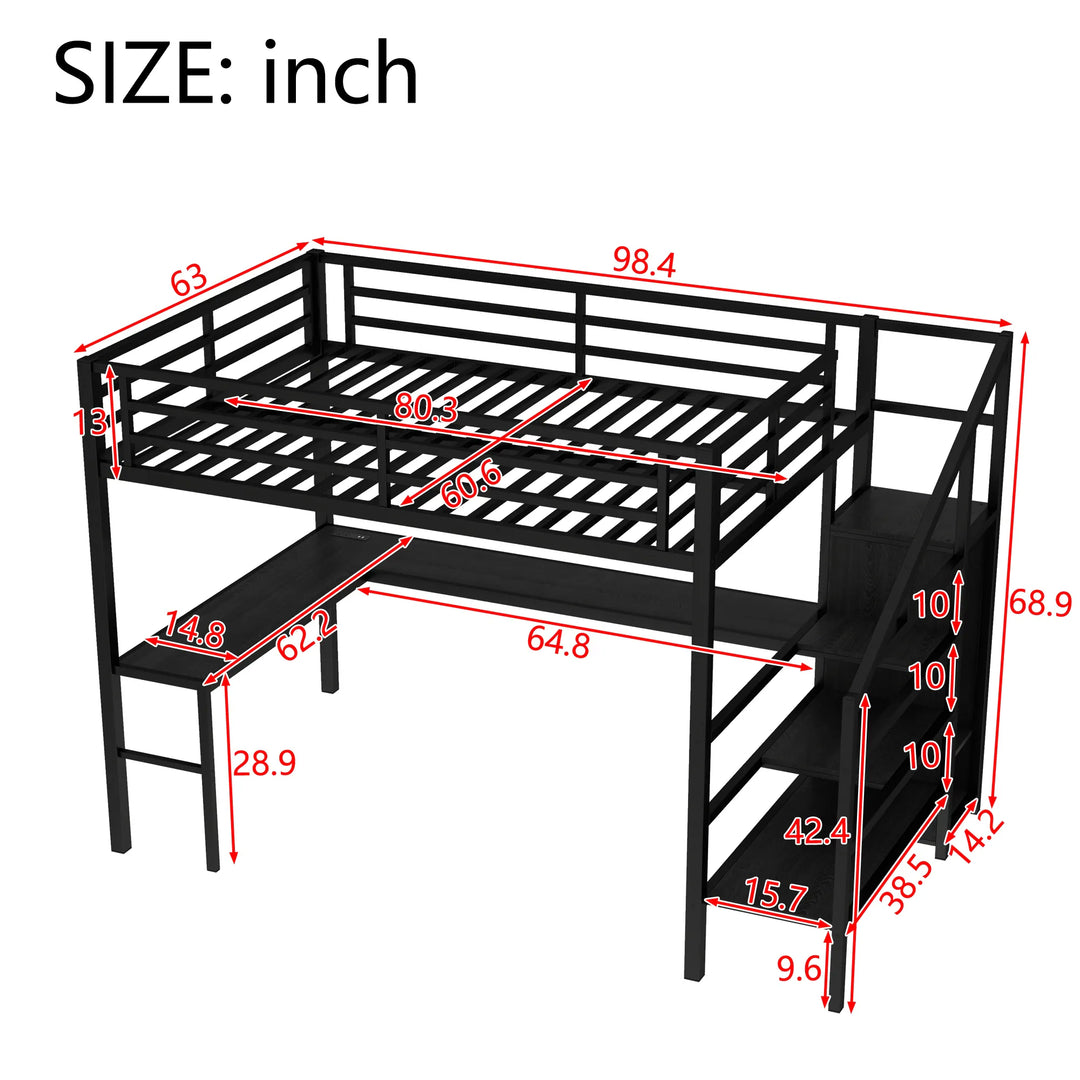 Queen Size Esports Gaming & Work Loft Bed with L-Shaped Desk, USB, LED, Wardrobe and Adjustable Shelf, Versatile Metal Bed Frame