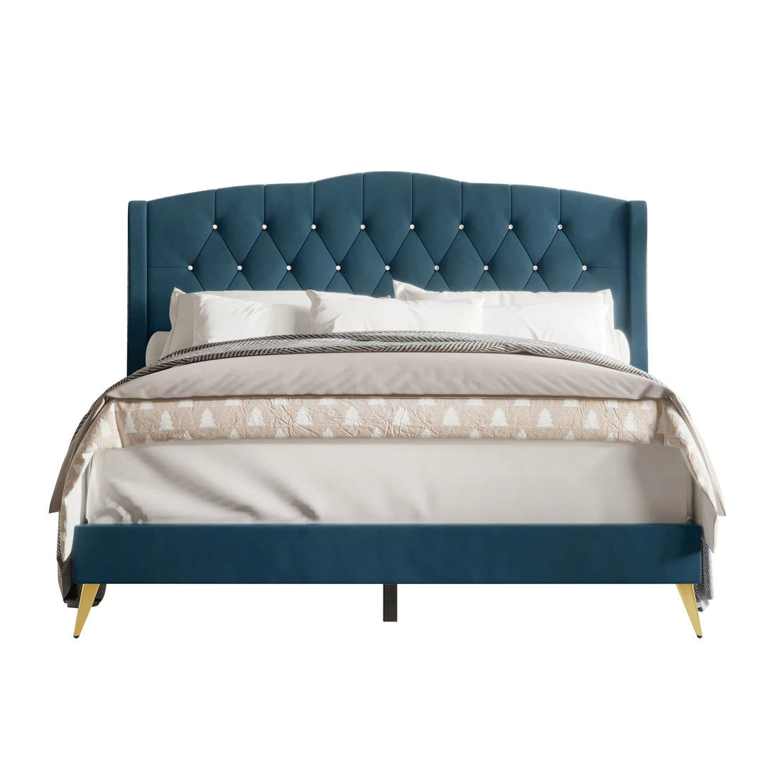 Velvet Diamond Button Tufted Upholstered Platform Bed