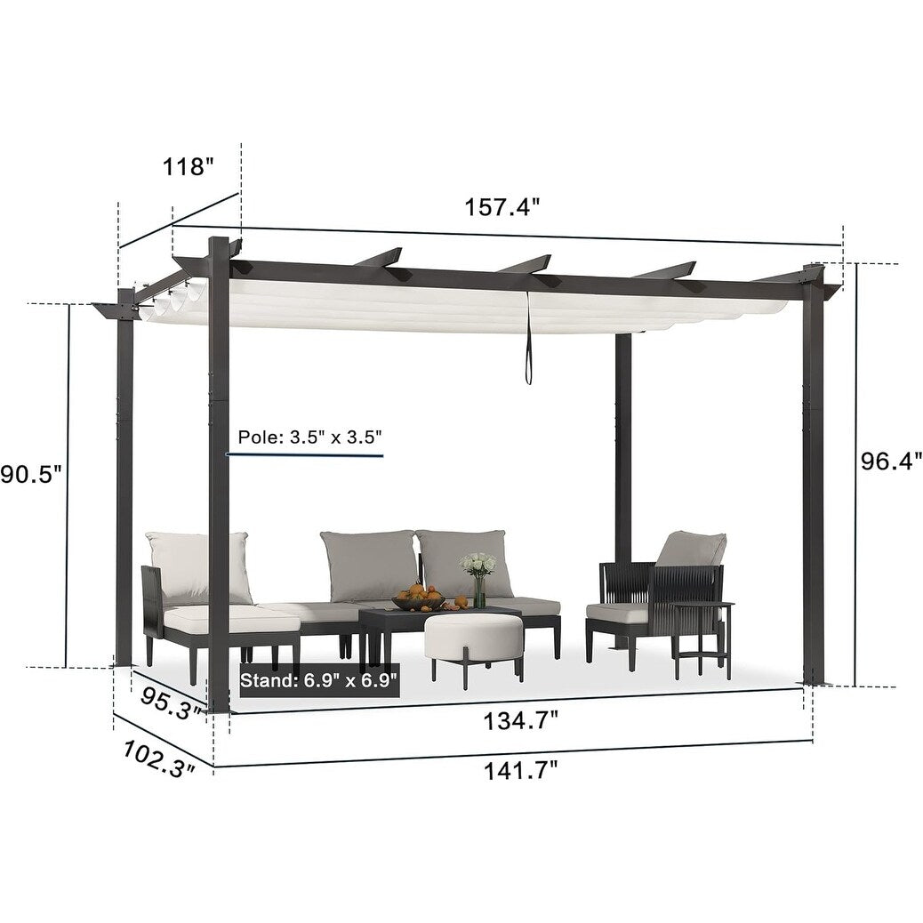 Gazebo Outdoor Retractable White Heavy-Duty Aluminum Pergola with Extra Top Roof