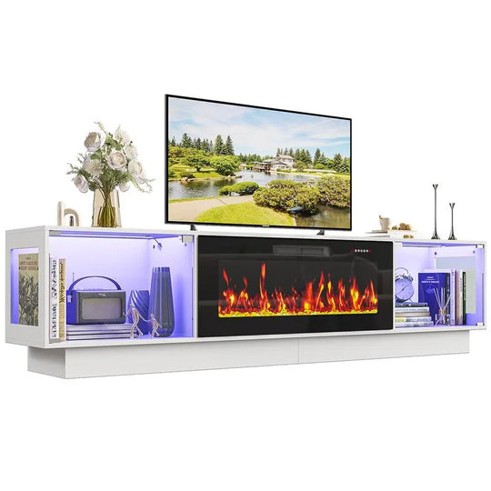80" Fireplace TV Stand with Adjustable LED Lights, Modern Entertainment Center with Glass Door Storage Cabinet, Black