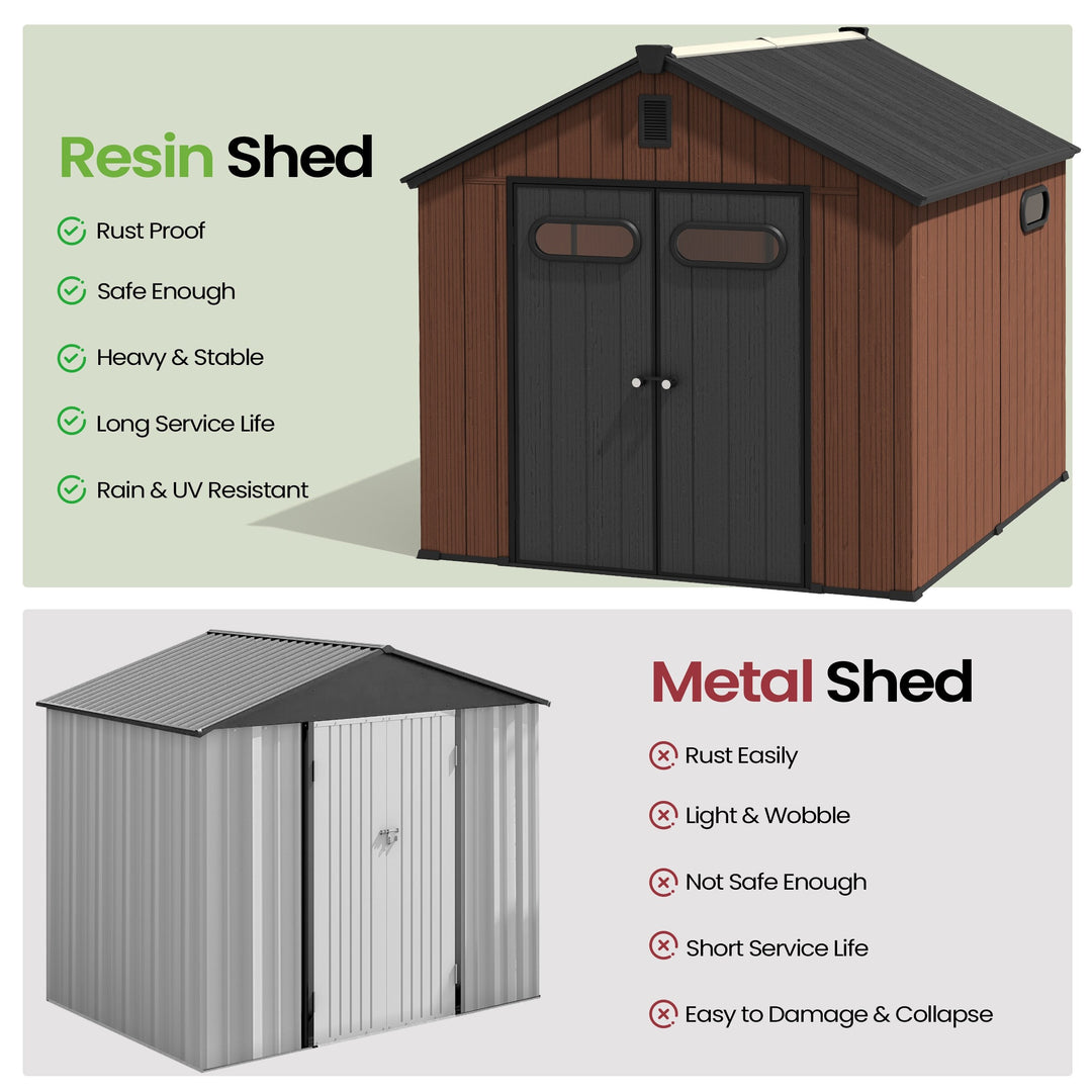 8X8/8X10/8X12 FT All-Weather Outdoor Resin Lockable Storage Shed with Windows Floor for Patio Furniture and Tools