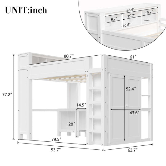 Heavy-Duty Loft Bed Queen Size Loft Frame with Wardrobe Desk USB