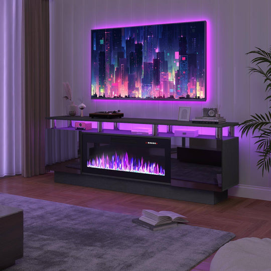 70" Modern Electric Fireplace TV Stand, with Electronic Flame and LED Lights, High Gloss Finish Entertainment Center