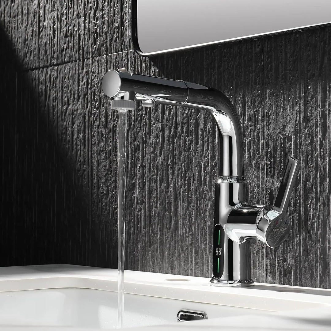 Single Hole Liftable Bathroom Faucet with Temperature Display in Fahrenheit, 3 Water Modes, BF2501