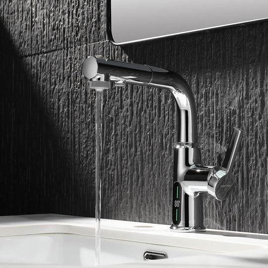 Single Hole Liftable Bathroom Faucet with Temperature Display in Fahrenheit, 3 Water Modes, BF2501
