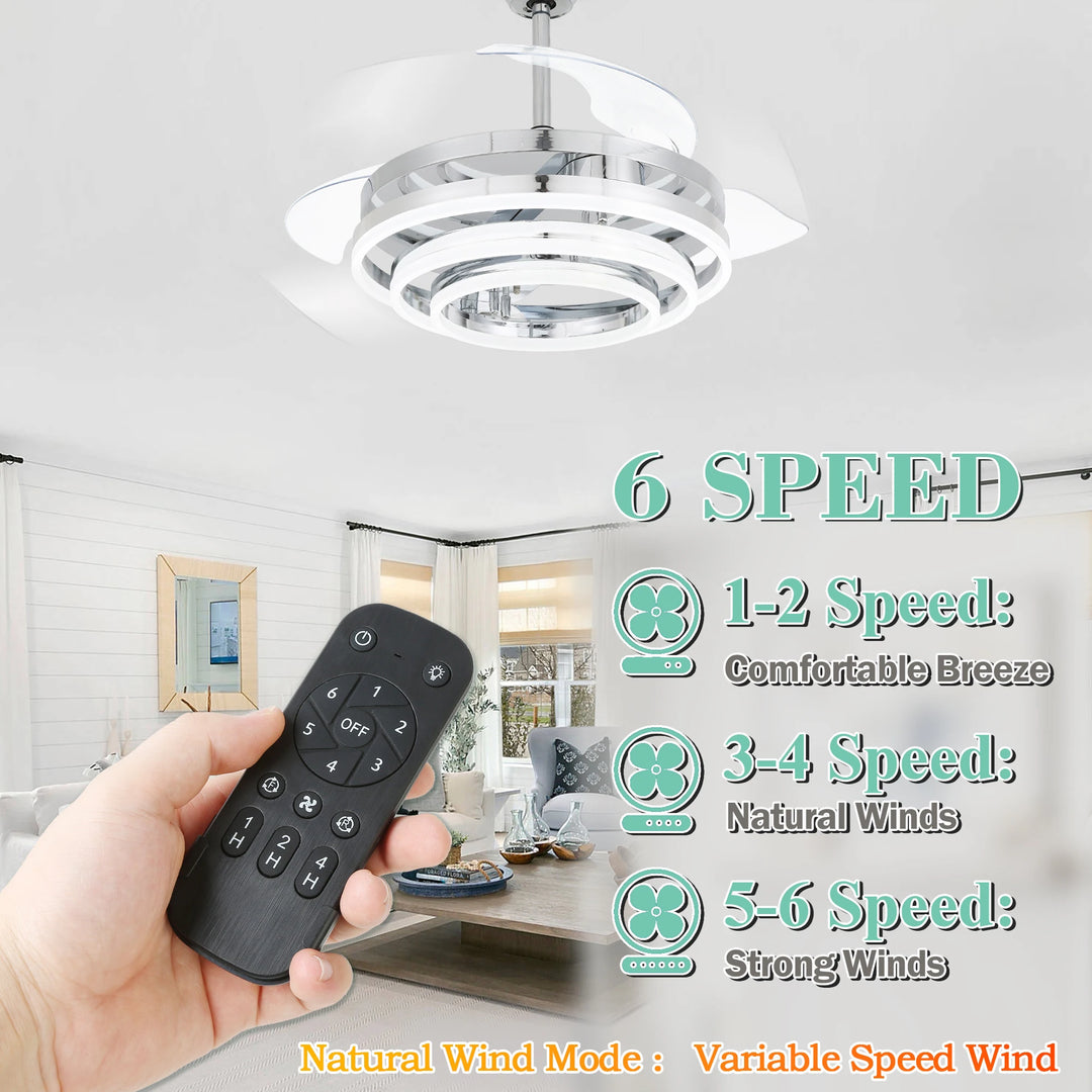 42In. DIY Shape Retractable Ceiling Fan with Lights, 6-Speed DC Motor Modern Ceiling Fan with LED Light and Remote