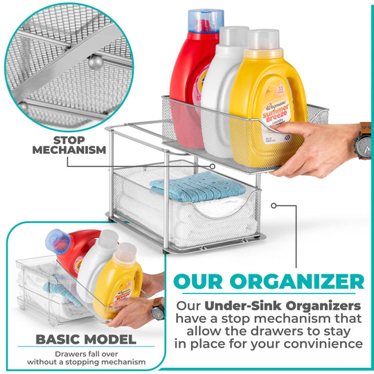 2 Tier under Sink Bathroom Organizers and Storage (2 Pack) - 14" L X 9.3" W X 12.25" H