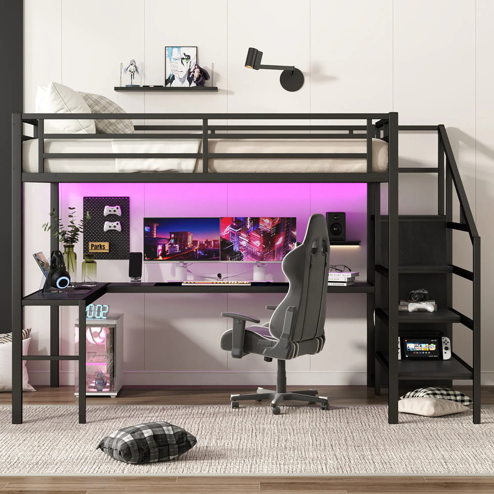 Queen Size Loft Bed with L-Shaped Desk and USB, Metal Loft Bed with Wardrobe and Adjustable Shelf, High Loft Bed with LED