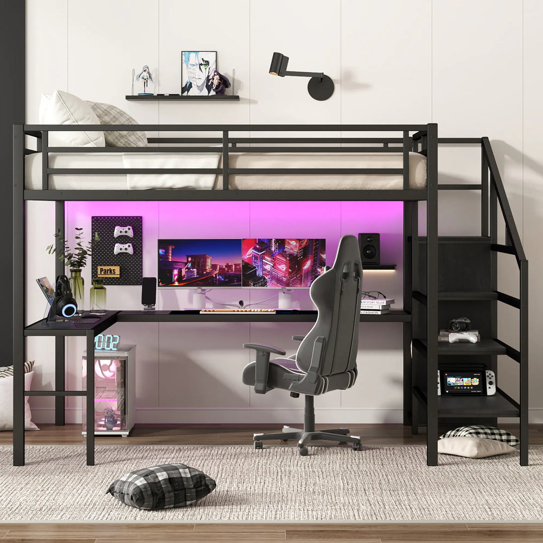 Queen Size Loft Bed with L-Shaped Desk and USB, Metal Loft Bed with Wardrobe and Adjustable Shelf, High Loft Bed with LED
