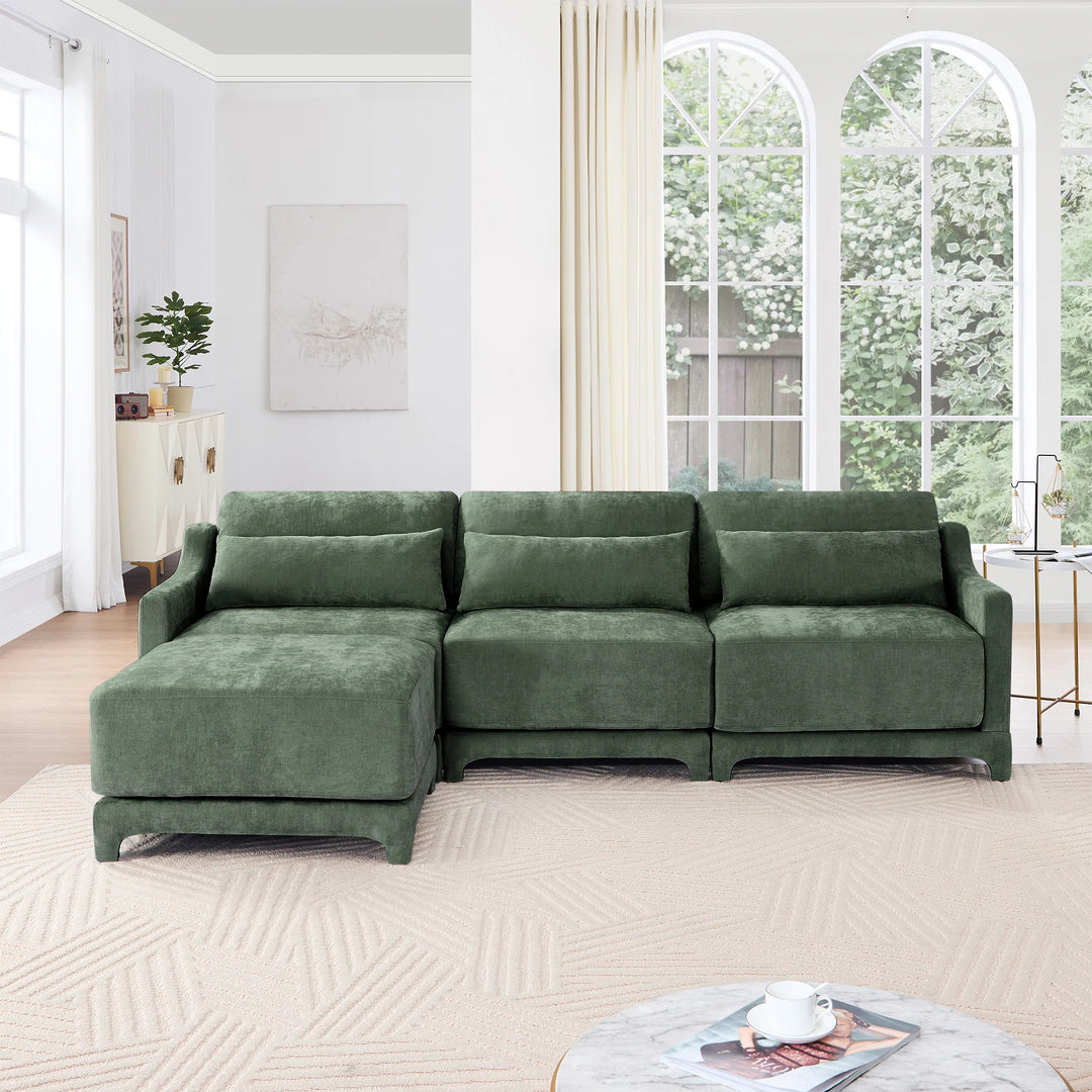 Modern Chenille 4-Seater Sofa with 2 Ottoman, Lumbar Cushions, Ergonomic Backrest, High-Resilience Spongeand Tufted Armrests