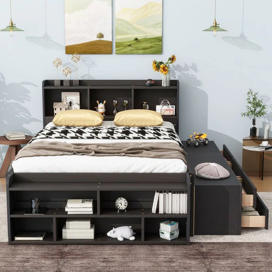 Storage Platform Bed with Bookcase Headboard,Drawers and Bed End Storage Case,Full Size