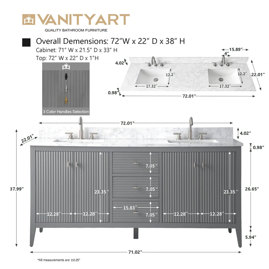 72" Double Sink Bathroom Vanity Cabinet with Engineered Marble Top