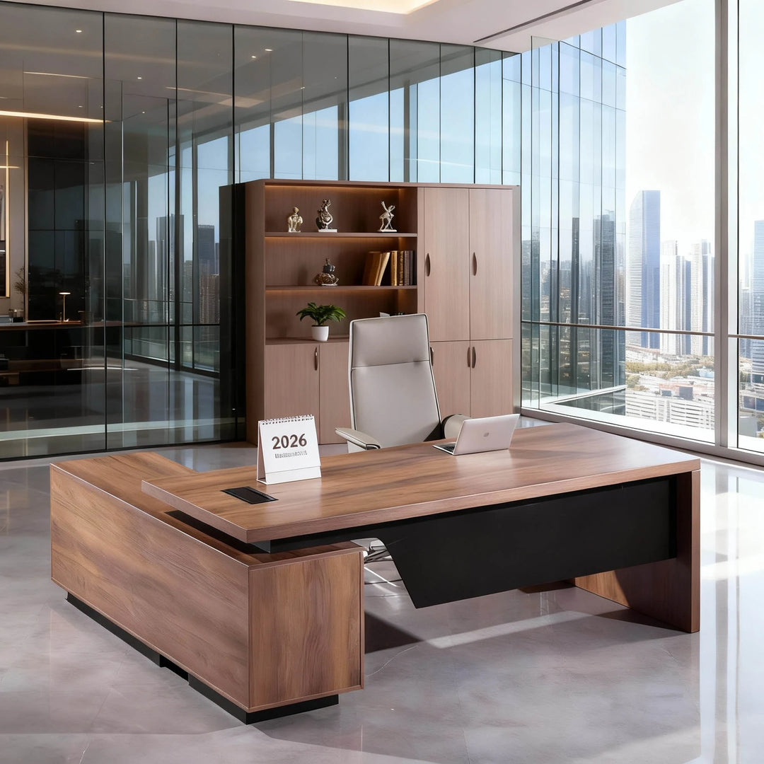WESOME Retractable L-Shaped Executive Desk with Cable Management Drawers and Lateral File Cabinet