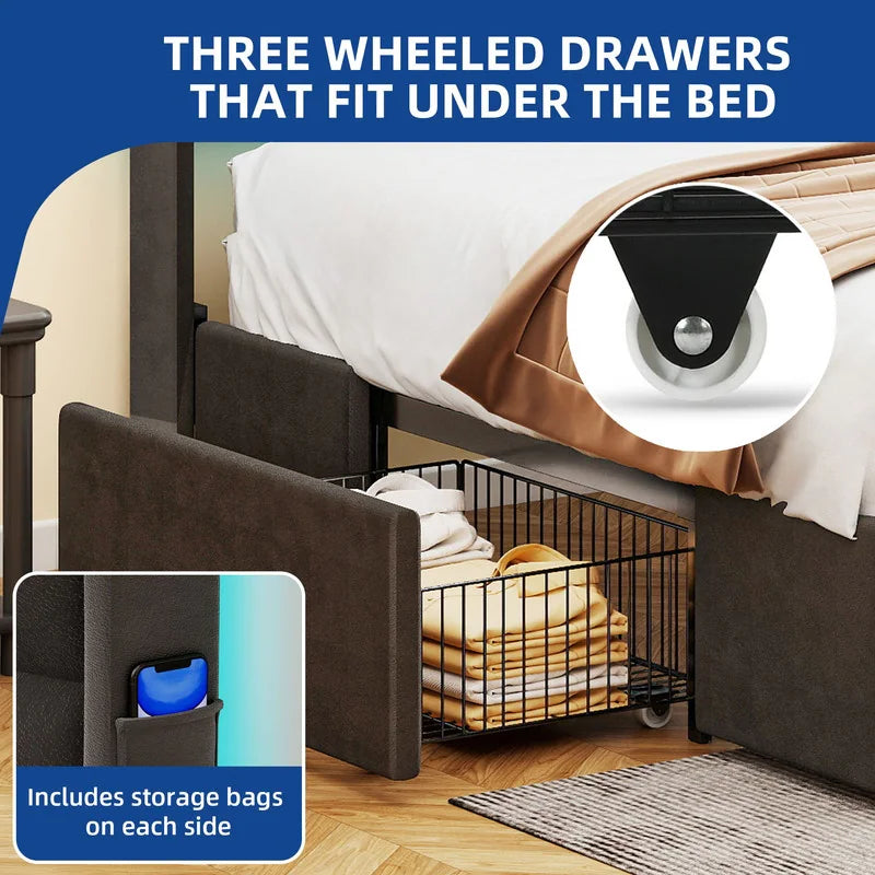 Queen/King Size Velvet Upholstered Bed with Charging Station and Storage Drawers