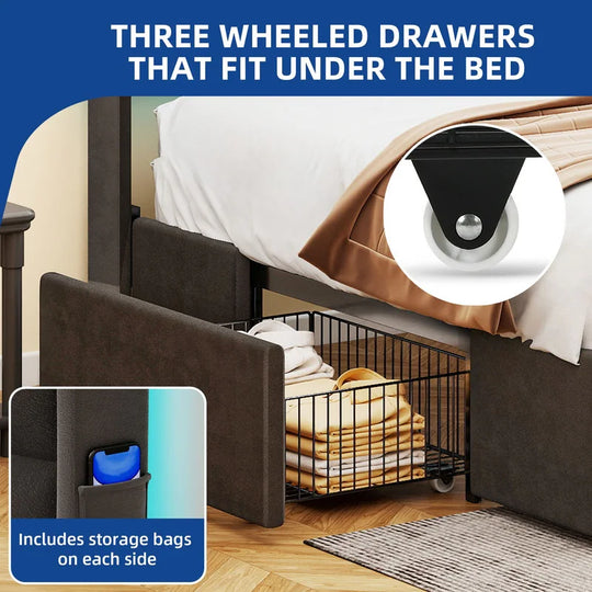 Queen/King Size Velvet Upholstered Bed with Charging Station and Storage Drawers