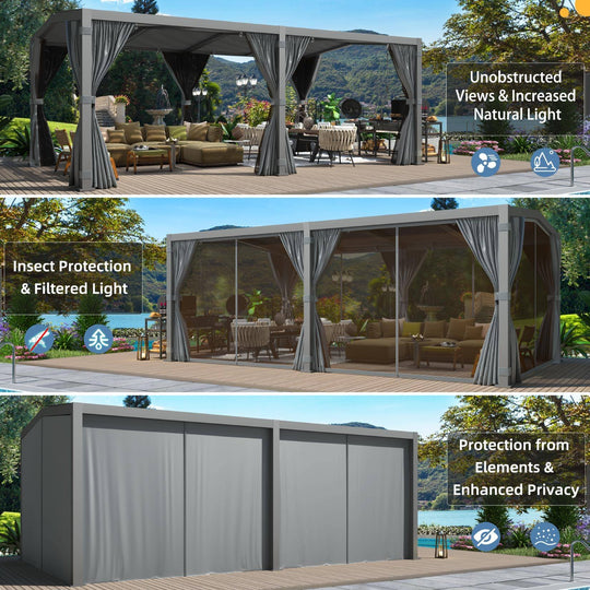 Outdoor Louvered Pergola Gazebo with Adjustable Aluminum Rainproof Roof and Pull-Down Screen