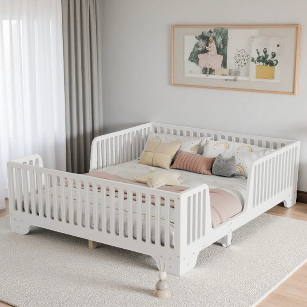 Full Size Montessori Floor Bed Frame with Safety Rails and Removable Door, Low Profile Kids Bed with Slatted Support