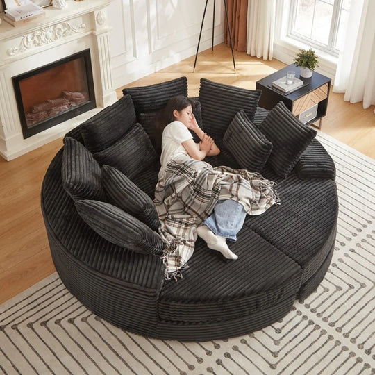 78.5" Corduroy round Oversized 2-In-1 Sofa Bed, Neck Pillow Design with Four Throw Pillows