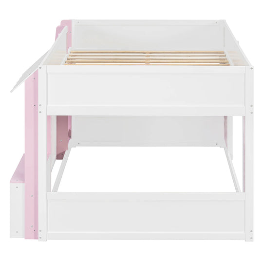 Full Loft House Bed with Playhouse Storage Modern Wood Cabin Bed for Kids