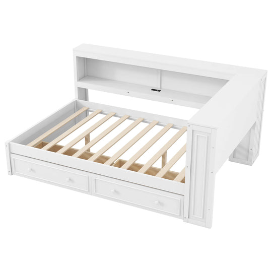 Full Size Wood Daybed with Storage Shelves, USB, LED, and 2 Drawers