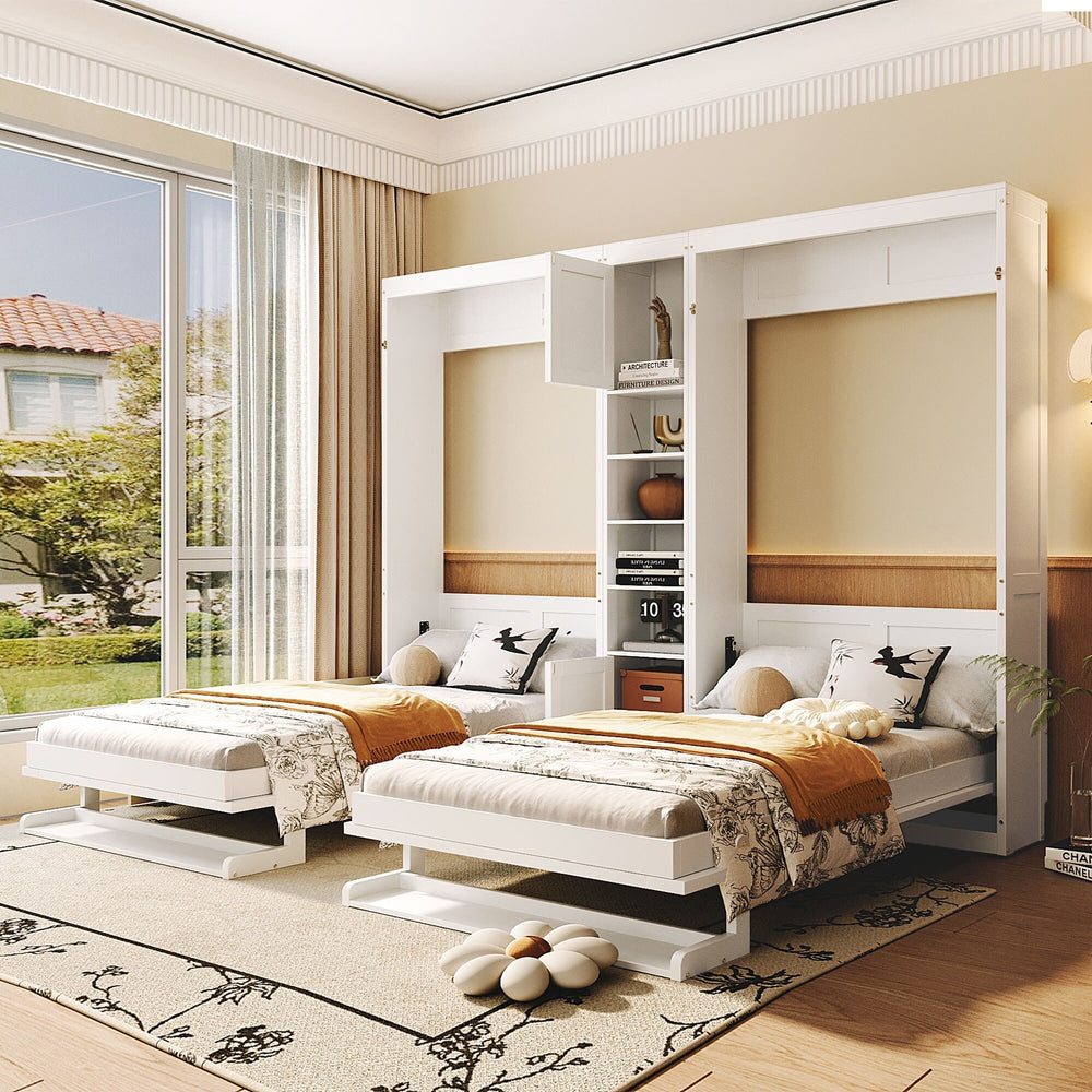 Dual Twin Size Wall Murphy Beds with Cabinets and Shelves, Space-Saving Design