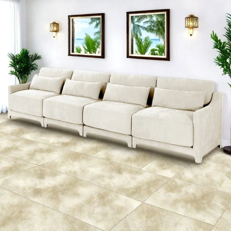 Modern Chenille 4-Seater Sofa with 2 Ottoman, Lumbar Cushions, Ergonomic Backrest, High-Resilience Spongeand Tufted Armrests