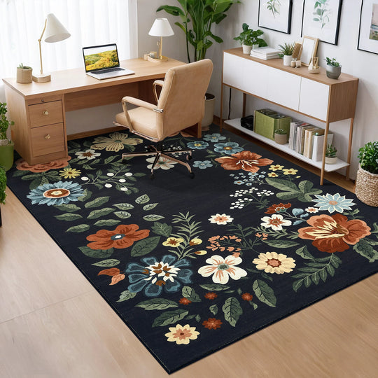 Floral Rugs Modern Indoor Soft Ultra-Thin Carpet Low Pile Flower Print Non Slip Throw Rug for Nursery Bedroom