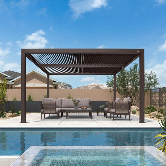 Bronze Louvered Pergola with Adjustable Roof for Deck Backyard Garden Hardtop Gazebo