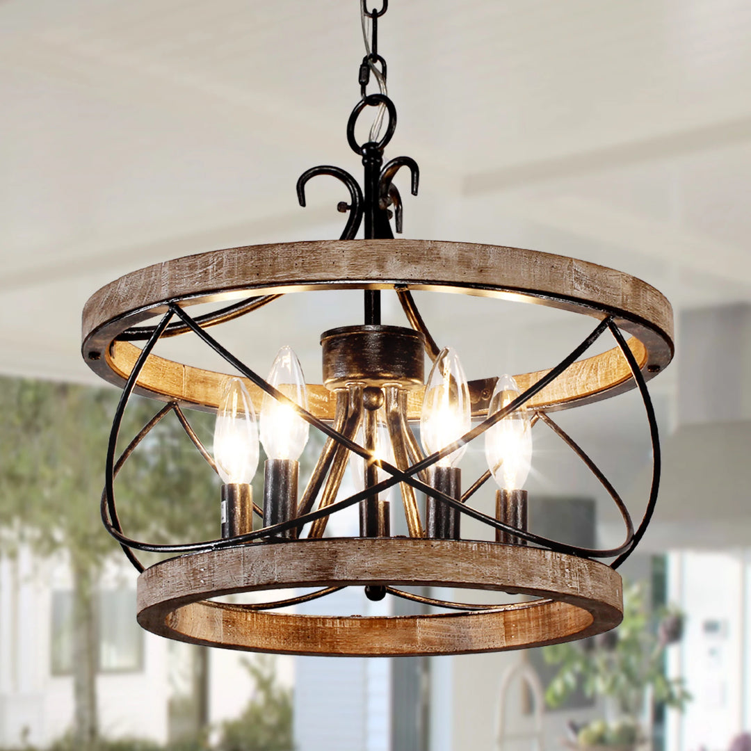 5-Light Rustic Cage Wood Chandelier Dimmable Lighting, 15.7" Adjustable Farmhouse Pendant Light for Kitchen Island