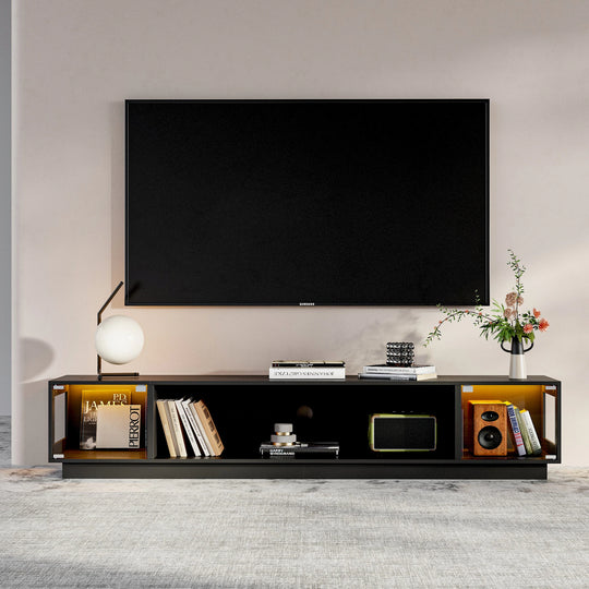 Modern Black Fireplace TV Stand Combo,Remote Fireplace Heater,2 Drawers,Light Strip & USB