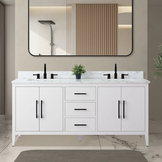 72" Double Sink Bathroom Vanity Cabinet with Engineered Marble Top