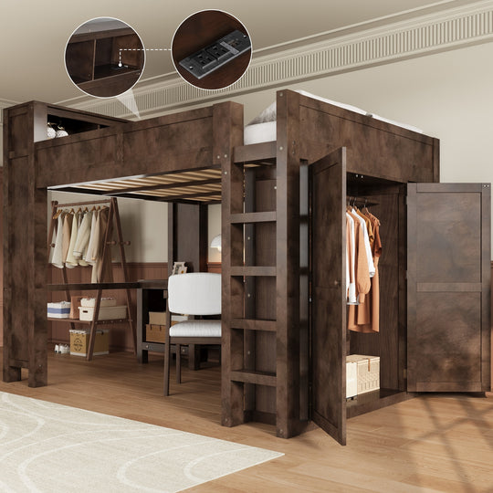 Modern Queen Loft Bed with Built-In Desk, Wardrobe, Headboard Storage & USB Hub by