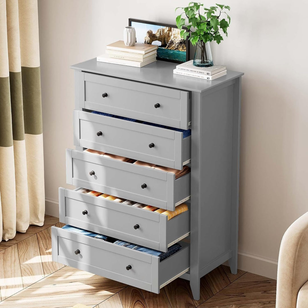 Modern Bedroom Nightstand with 5 Drawers & Metal Handles - Multifunctional Storage Cabinet,Easy Assembly for Living Room