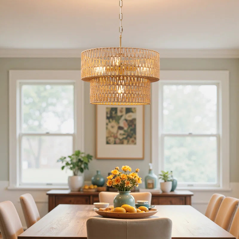 4 - Light 17.7" Hand-Woven Rattan Drum Chandelier