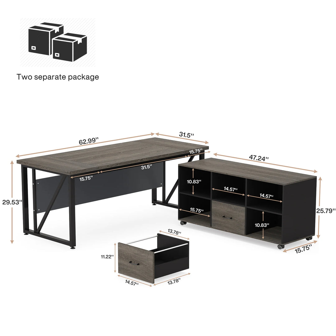 63" L-Shaped Computer Desk with 47 Inches Lateral File Cabinet, Executive Desk Home Office Furniture Desk Set