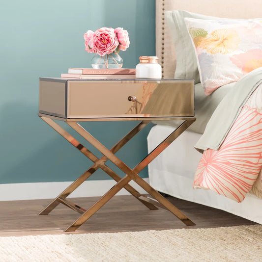 Nyasha Mirrored Glass Top End Table with Storage