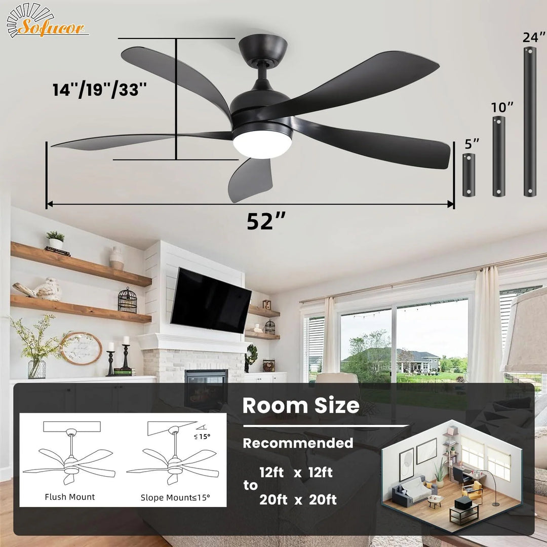 Sofucor 45/52 Inch Ceiling Fan with Remote & Lights Quiet DC Motor 5 Blade High CFM Modern Fan
