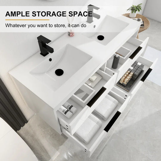 Ciarra Sharee 48" Modern Wall-Mount Double Sink Bathroom Vanity with Resin Top, Zinc Alloy Faucet, Painted Floating Cabinet, Soft-Close Drawers