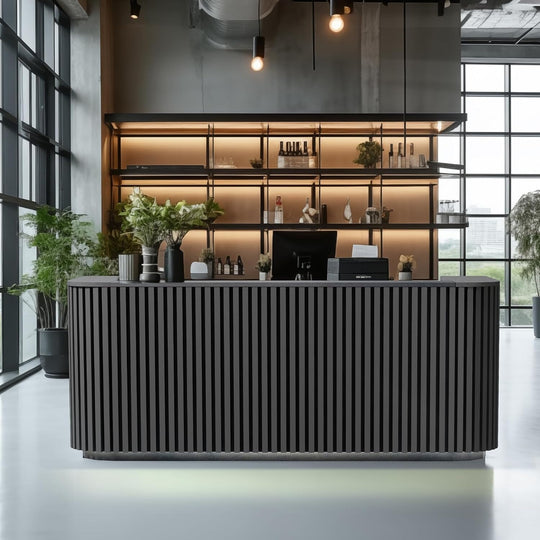 WESOME 70.87In Mid Century Curved Reception Desk with Cable Box LED Light