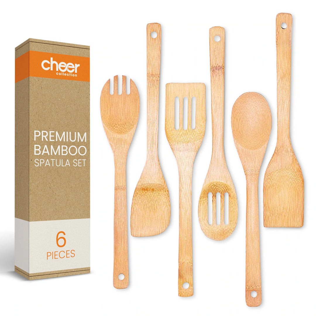 Premium Bamboo Cooking Utensil Set 6 Piece Non Scratch Wooden Spatulas and Spoons for Kitchen - Set of 6