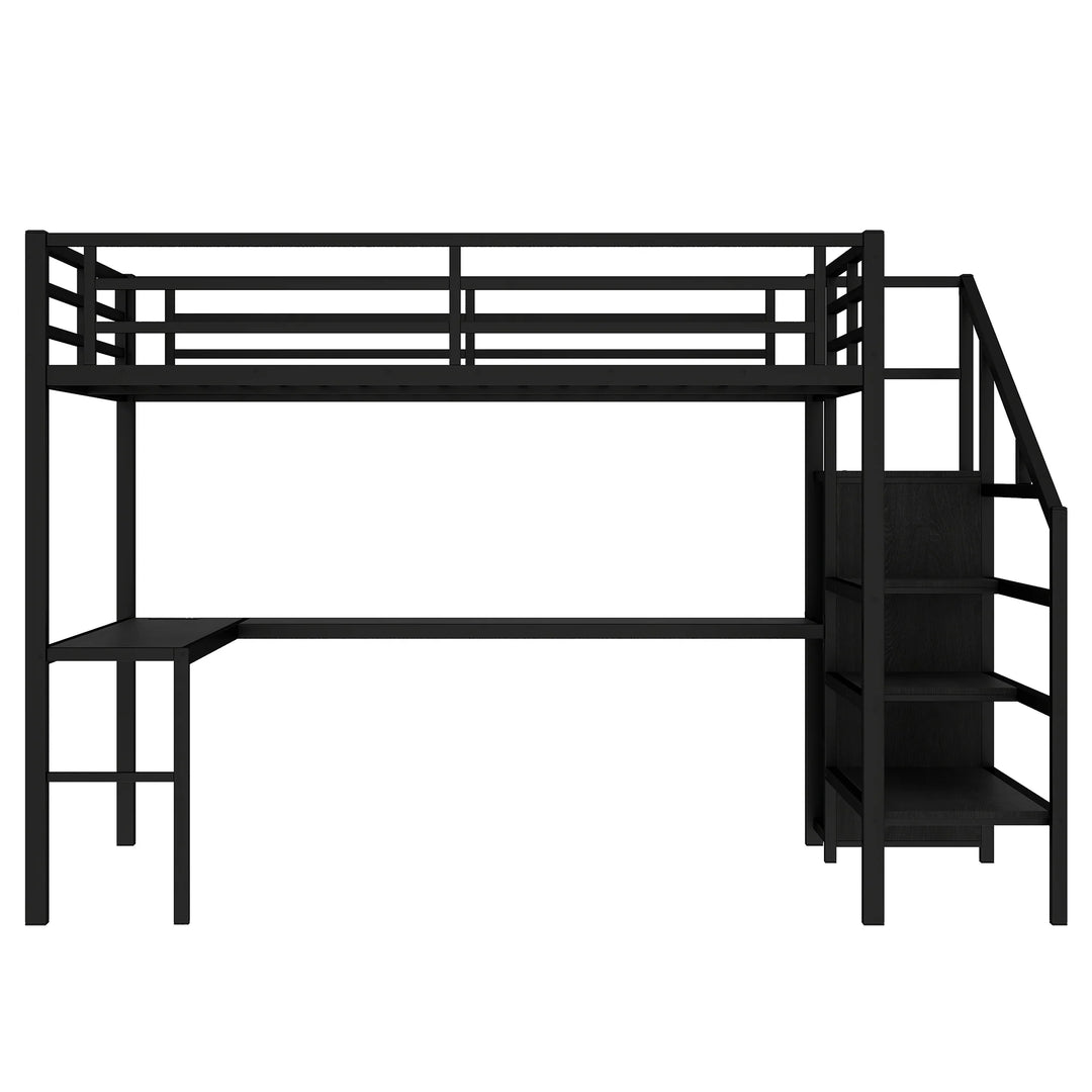 Queen Size Esports Gaming & Work Loft Bed with L-Shaped Desk, USB, LED, Wardrobe and Adjustable Shelf, Versatile Metal Bed Frame