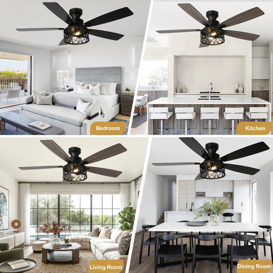 52-In Farmhouse Flush Mount Ceiling Fan with Lights and Remote Control, Black Caged Low Profile Chandelier Ceiling Fan