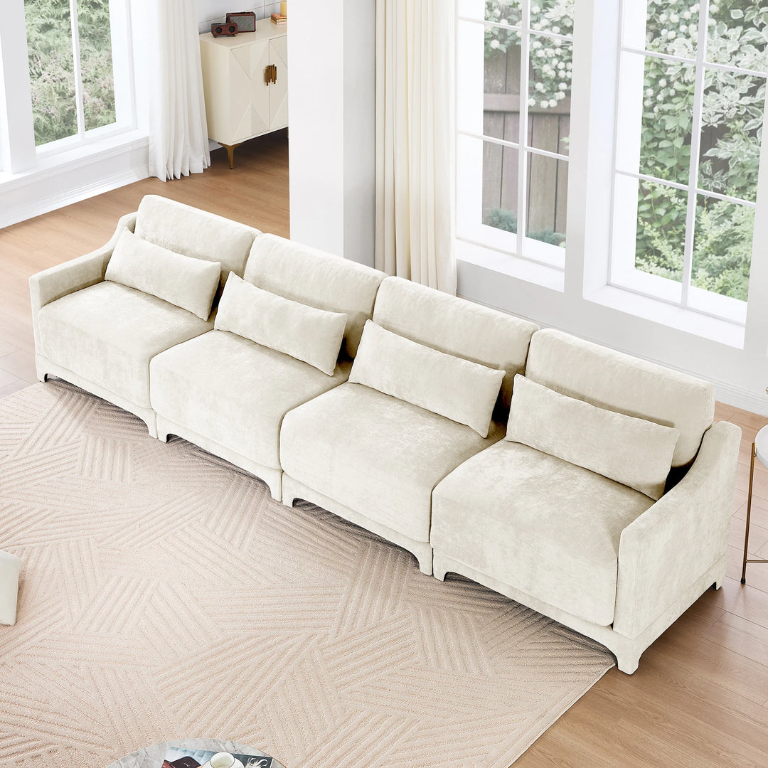 Modern Chenille 4-Seater Sofa with 2 Ottoman, Lumbar Cushions, Ergonomic Backrest, High-Resilience Spongeand Tufted Armrests
